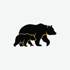 Stylized black bear logo with parent and cub silhouettes walking together. Minimalist, elegant design on white background. Perfect for branding with a protective or family theme.