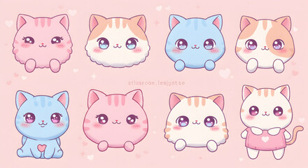 Obraz premium Charming Kawaii Kitten Illustration with Various Colors and Heart Accents