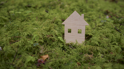 Flat wooden model house in forest moss.