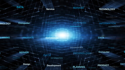 Futuristic glow digital lines with tech word cloud illustration.
