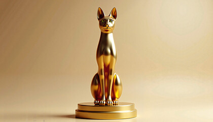 Gold cat figurine, polished and minimalist, on a golden pedestal against a beige background