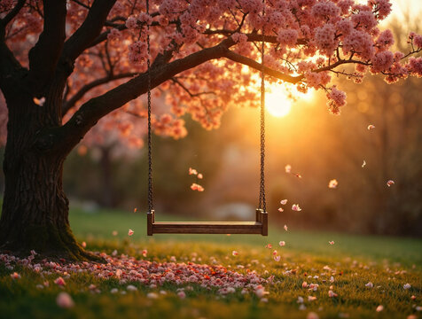 Golden Swing Under Cherry Blossom Tree at Sunset – AI Generated