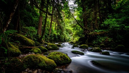 Obraz premium Lush Forest Stream with Mossy Rocks.