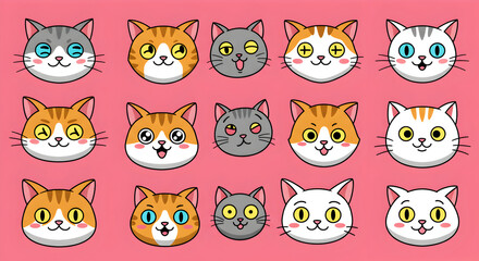 Obraz premium Cute Cartoon Cat Heads in Various Expressions on a Pink Background