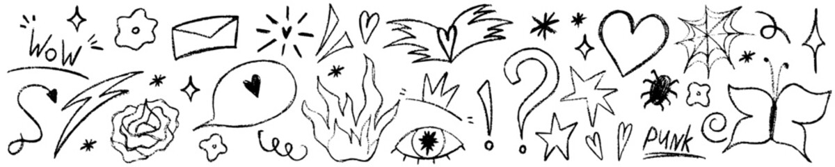 Doodle punk scribble set with heart, flower and butterfly. Sketch scribble doodle y2k punk element. Crayon vector hand drawn.
