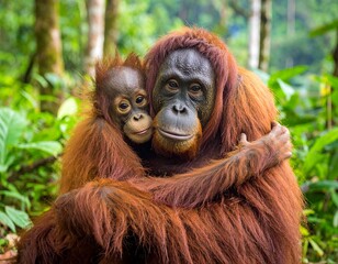 A baby orangutan holding onto its mother in a Bornean rainforest.