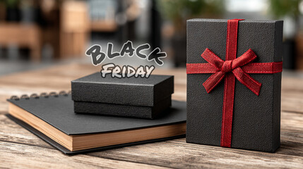 Black gift boxes with red ribbons placed on a notebook and wooden desk create a stylish Black Friday sale template—perfect for posters and social media promotions.