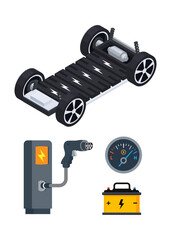 Electric vehicle chassis with battery charging at electric charge station