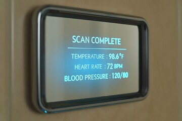 Digital Health Monitoring System Scan Complete Displaying Vital Signs - Temperature, Heart Rate, Blood Pressure