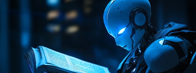 Humanoid AI Robot Reading a Book on Dark Background, 3D Rendering Concept