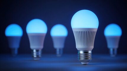 Energy efficient LED light bulbs reduce carbon impact and create modern blue glow for sustainable lighting solutions in homes and offices