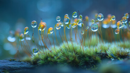 Reduce carbon impact by appreciating nature beauty with dew drops on moss in serene forest environment during early morning light