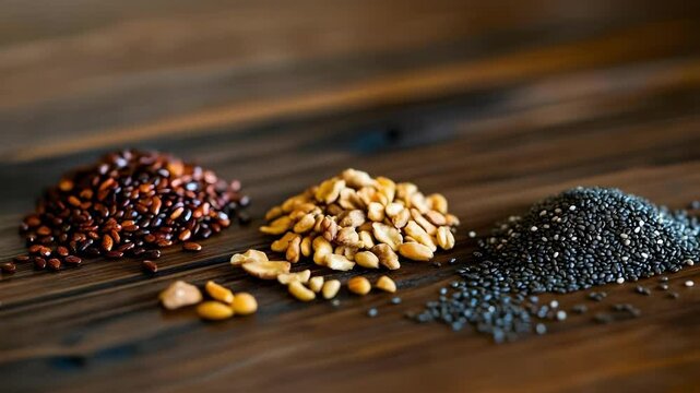 Three varieties of seeds laid out on a wooden surface: chia seeds, pine nuts, and flax seeds.