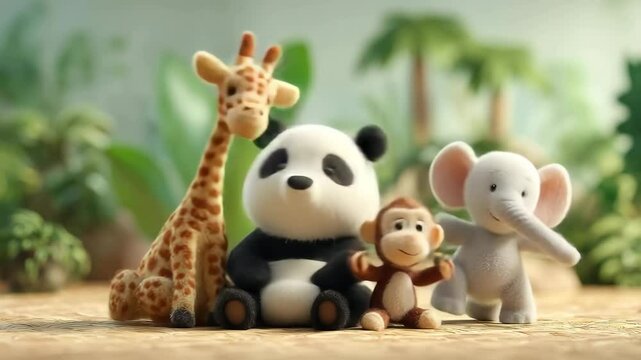 Cute stuffed jungle animals. Safari concept. Animation of cute animal set including elephant, monkey, giraffe,panda bear moving in tropical jungle
