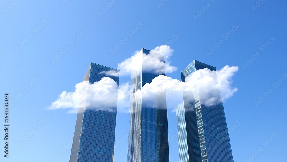 Poster cloud computing concept modern skyscrapers and fluffy clouds, symbolizing data storage and digital i