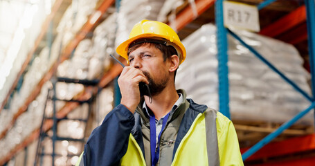 Business, radio and man in factory, logistics and conversation with manufacturing. Person,...