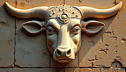 Ornate Bas-Relief carving of a bull's head, beige and detailed, on an aged stone wall