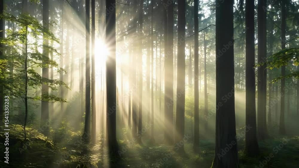 Poster a tranquil forest scene with tall trees and beams of sunlight filtering through the mist, creating a