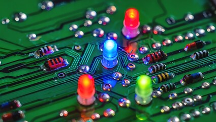 Close-up of Illuminated LEDs on a Circuit Board High-Resolution Electronic Component Photography