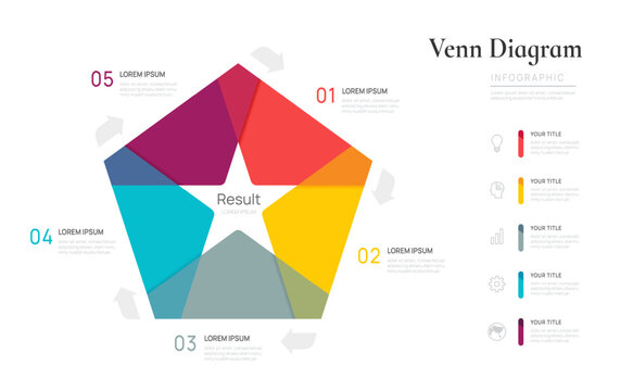 Infographic Venn diagram chart star template for business 5 parts options, presentation with venn diagram elements vector illustration.