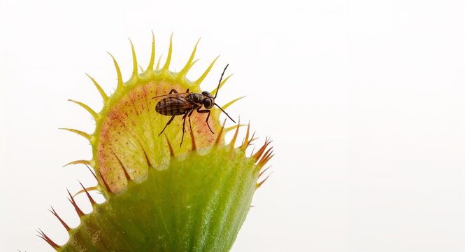 A fly trapped inside of a venus flytrap with sharp teeth and a white background in a close up view
