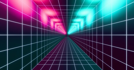 Futuristic illuminated glowing wireframe background. Shining grid and neon light inside square pipe in perspective. Bright retro digital vanishing point. 3D rendering.