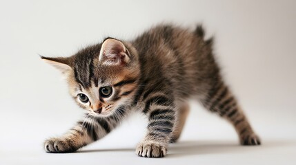 Kitten in yoga pose, bowing sideways like downward dog, with tabby pattern--adorable and playful.