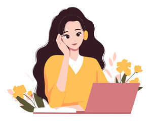 Young Woman Working on Laptop Surrounded by Flowers in Cartoon Style