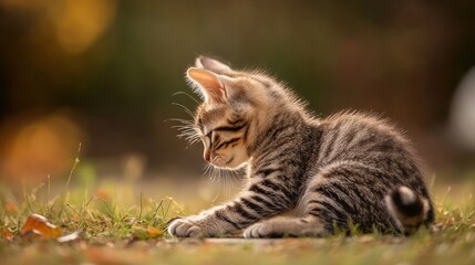 Naklejka premium Kitten in yoga pose, bowing sideways like downward dog, with tabby pattern--adorable and playful.