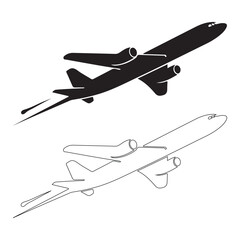 Silhouette airplane icon set. Line art and fill airplane logo icon set. Minimalist Airplane Silhouettes, Line Icons, and Logo Bundle. Silhouette, Line Art, and Filled Airplane Logos