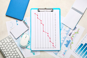 Notebooks with keyboard, computer mouse, many business graphics and diagrams on white background