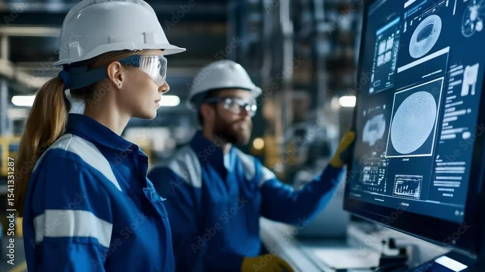 Aufkleber two workers in safety gear interacting with a large touchscreen display showing technical data or an