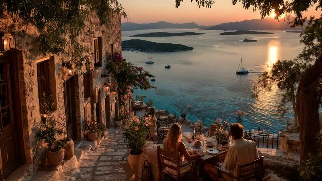 Romantic Seaside Dinner at Sunset: Couple Enjoying Mediterranean View from Stone Terrace with Boats and Islands