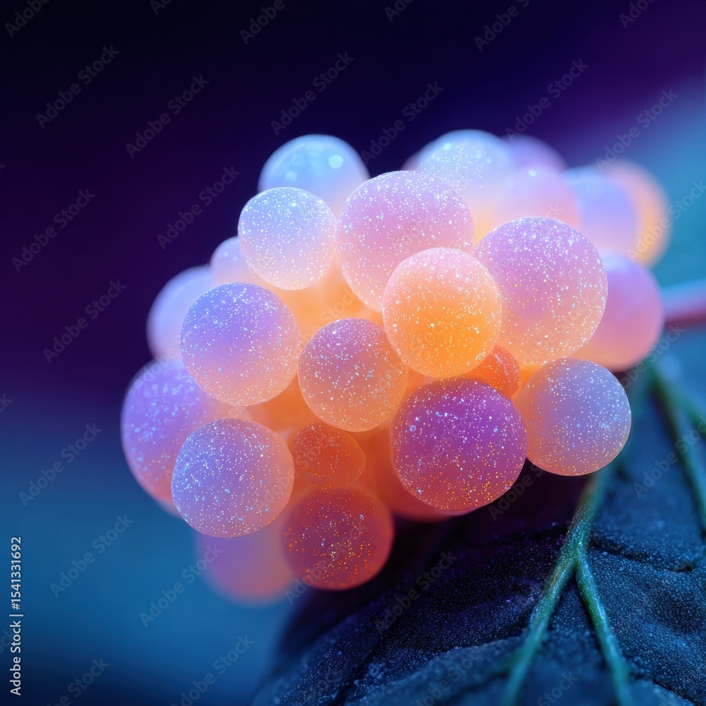 Poster cluster of translucent spheres with an orange and purple gradient resting on a green leaf with a dar