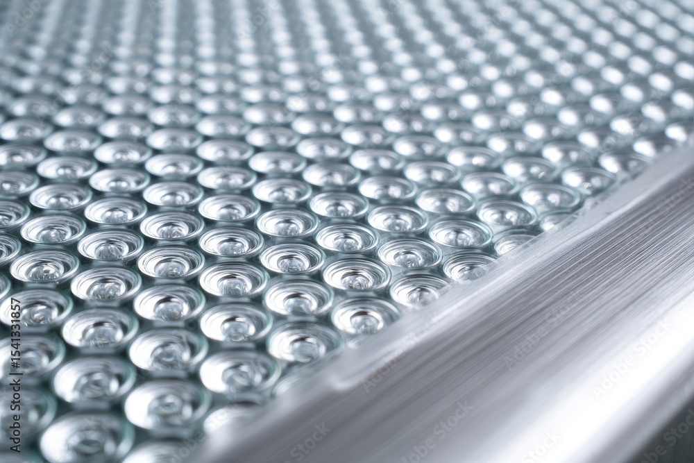 Poster grid of round transparent clear capsules are arrayed next to a metallic border light reflects off th