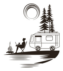Abstract Hand-Drawn Illustration of a Camper with a Person and Nature Scene