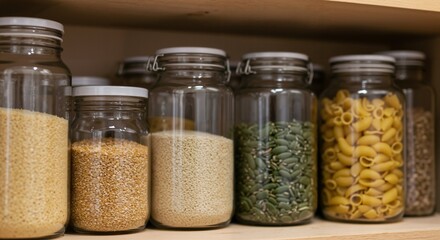 Glass Storage Jars Filled with Various Uncooked Grains, Pasta, and Legumes on a Wooden Shelf