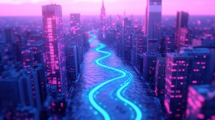 Urban cityscape with illuminated skyscrapers and a river outlined by a bright neon glow under a purple sky