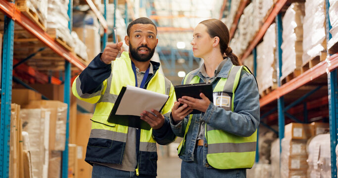 Logistics, engineers or clipboard with inspection in warehouse for shipping, teamwork or cargo. Supply chain, people and point to freight inventory for quality control, digital checklist and export