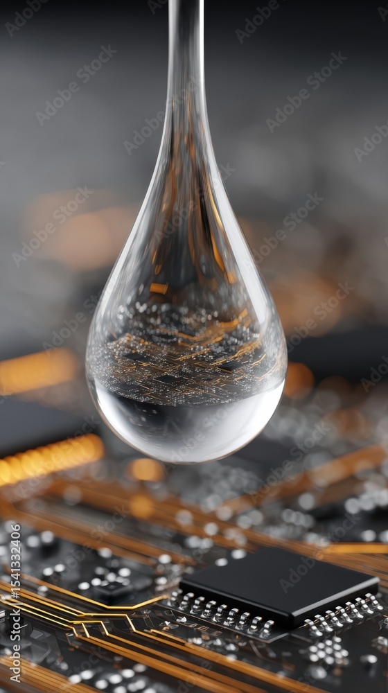 Poster clear water drop reflecting circuit board components with golden traces and a black microchip on a d