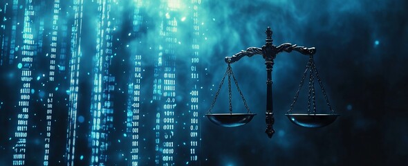 Digital Law and Justice Concept with Scales at a Data Center. Abstract Technology Background