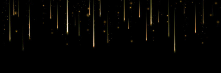 Golden shooting stars cascade down dark night background - meteor shower with warm light trails and sparkles for luxury celebration, festive event decoration and magical space themed design elements.