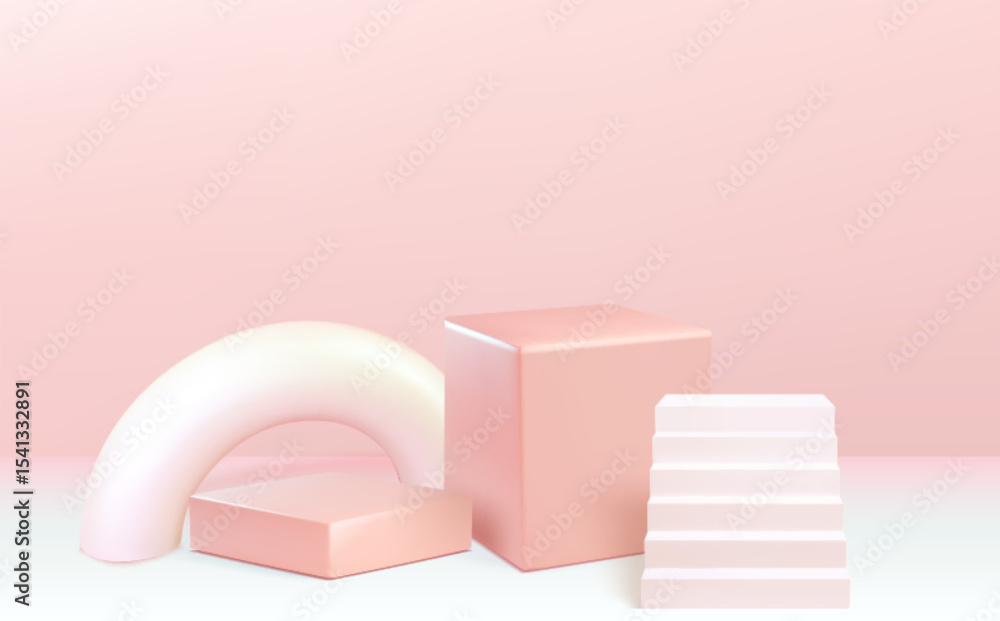 Poster soft pink geometric podium with stair shapes and cube platforms - minimal 3d display stages for beau