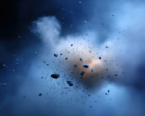 Rocks and debris suspended in blue and white smoke or cloud creating a dynamic abstract composition