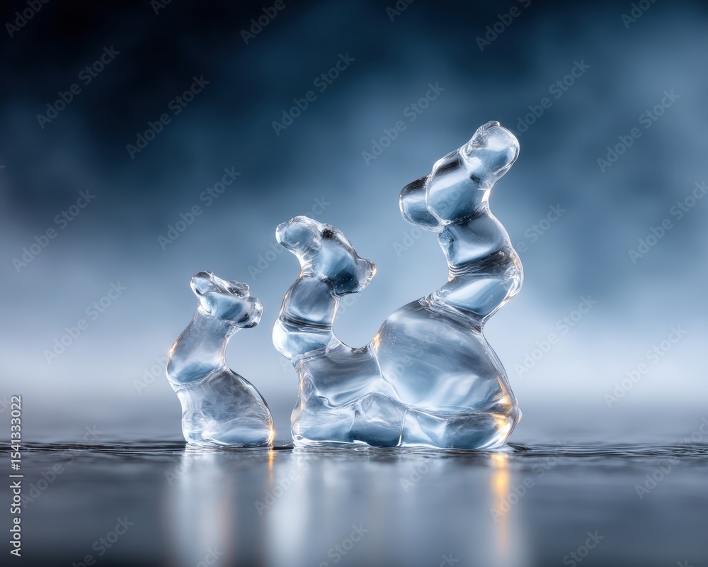 Poster three abstract ice sculptures translucent and smooth stand on a reflective surface against a blurred