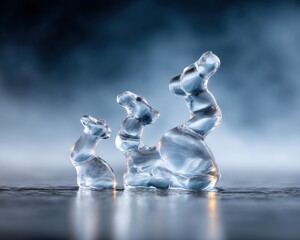 Three abstract ice sculptures translucent and smooth stand on a reflective surface against a blurred dark blue