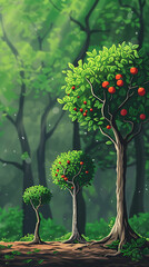 Three apple trees stand in a lush green forest with red apples hanging from their branches creating a vibrant and colorful scene in a peaceful woodland setting
