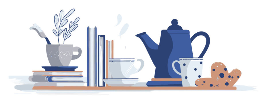 Cozy Tea Time Setup with Teapot, Cups, and Books in Cartoon Style