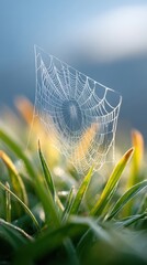 Detailed spiderweb covered in dewdrops is suspended above green grass blue sky softly blurred in the background