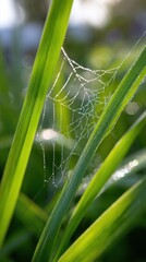 Dew covered spiderweb clinging to bright green blades of grass creating a delicate and glistening natural scene in soft